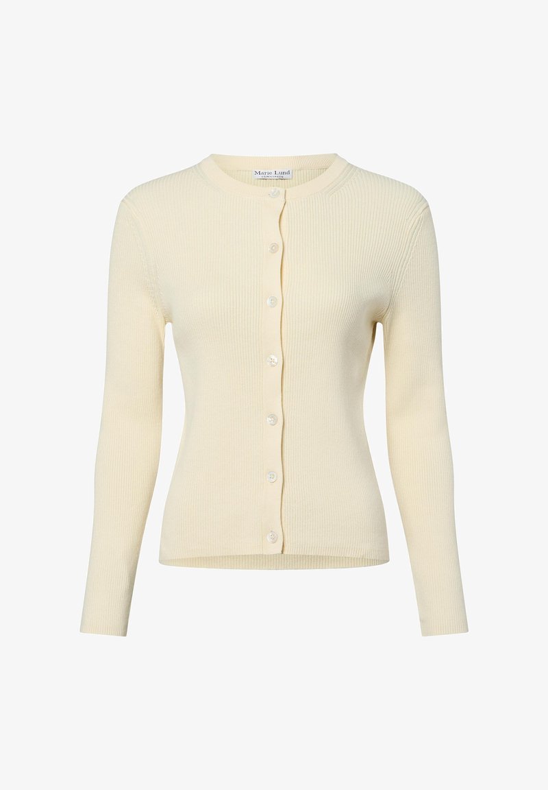 Gestreifter cremefarbener Cardigan mit langen Ärmeln, rundem Halsausschnitt und vorderer Knopfleiste. Hergestellt aus einem weichen Stoff, mit schmaler Passform und subtiler Textur.