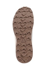 Zewnętrzna podeszwa buta w brązowej gumie, z wytrzymałym wzorem bieżnika z geometrycznymi kształtami i logo umieszczonym na środku podeszwy dla lepszej przyczepności.