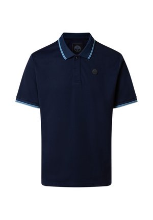 Polo a maniche corte blu navy con doppie strisce azzurro chiaro sul colletto e sui bordi delle maniche, con un piccolo logo rotondo sul petto.