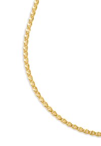 Gold chain necklace with interlocking links, featuring a smooth surface and polished finish. The design is uniform in size and shape.