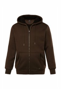 Brun zip-up hoodie med foret hætte, forlommer og snoretræk. Har en blød tekstur og ribbede manchetter ved ærmerne.