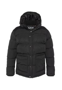 Sort dunjakke med hætte, der har et quiltet design, trykknapper og to forlommer foran. Glat tekstur med foring indvendigt.