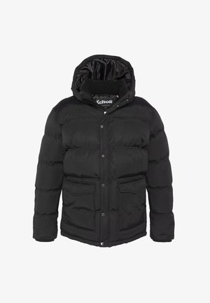 Giacca imbottita nera con cappuccio, caratterizzata da un design trapuntato, bottoni a pressione e due tasche frontali. Tessuto liscio con fodera interna.