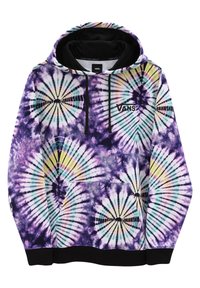 Sudadera con capucha de tie-dye púrpura con patrones espirales multicolores, acentos negros y bolsillo canguro. Presenta un cordón negro y logotipo.