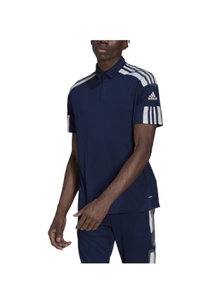 Navyblaues Poloshirt mit Kragen, drei Knöpfen und weißen Schulterstreifen. Mit Adidas-Logo am Ärmel, hergestellt aus feuchtigkeitsableitendem Material.