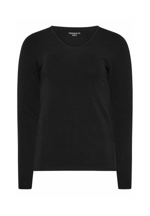 Camiseta térmica negra de manga larga con escote en v, hecha de una tela suave. Presenta un ajuste ceñido y un diseño liso sin patrones ni acentos.