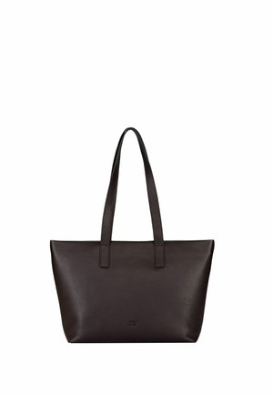 Dunkelbraune Ledertasche mit zwei langen Henkeln und einem dezenten Markenlogo, das zentriert nahe dem Boden platziert ist.