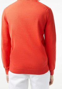 Osoba w pomarańczowym swetrze z długim rękawem i białych spodniach, widziana od tyłu na białym tle.