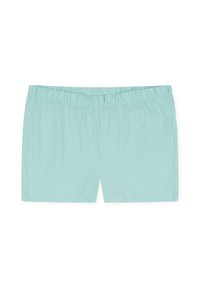 Mint green cotton shorts with an elastic waistband, featuring a simple design and smooth texture, suitable for casual wear.