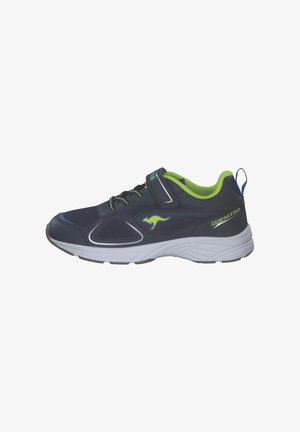 Sport shoe featuring a dark blue synthetic upper with lime green accents, mesh panels, a Velcro strap, and a white rubber sole.
