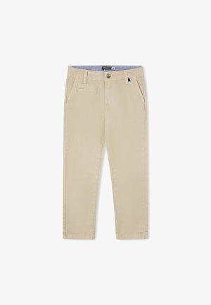 Pantalones beige de pierna recta con trabillas para cinturón, cierre frontal con botón, bolsillos laterales y un pequeño bolsillo cosido en el lado derecho.