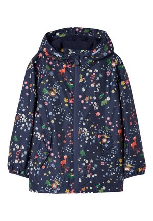 Imperméable à capuche bleu marine pour enfants avec motifs floraux colorés et animaux de la forêt, fermeture éclair à l'avant et poches à boutons-pression.