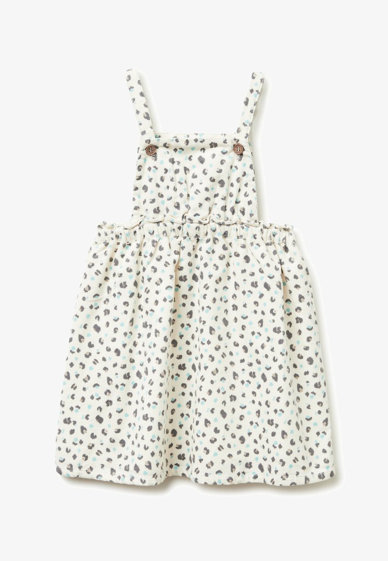 Latzkleid mit Leopardenmuster in hellem Creme, mit verstellbaren Trägern, gerafftem Taillenbereich und Holzknöpfen. Weicher Stoff.