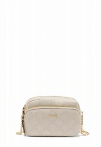 Beige crossbody bag made of textured material with a diamond pattern. Features gold-tone hardware and a chain strap. Two zippered compartments.
