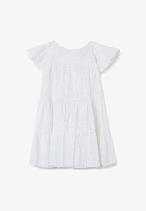 Robe en coton blanc à manches courtes, avec un design à volants et une broderie en œillets pour la texture et le détail.