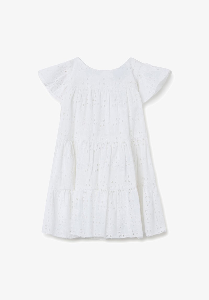 Vestido de algodón blanco con mangas cortas, con un diseño en capas y bordado de ojal para dar textura y detalle.