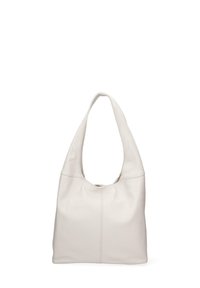 Witte leren hobo tas met een enkele verlengde schouderband, zachte textuur en minimalistisch ontwerp met gladde randen en verticale naaddetails.