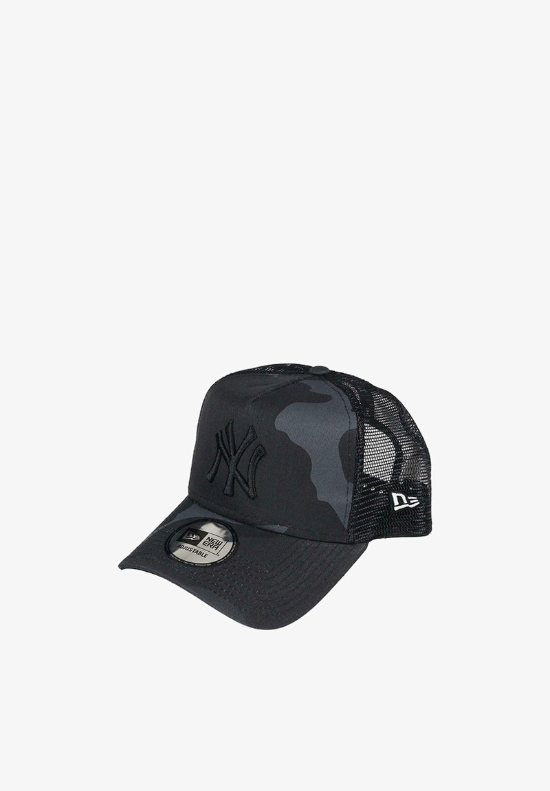 Black camouflage cap with mesh back, embroidered logo on front, adjustable strap, round logo tag on brim, structured design.