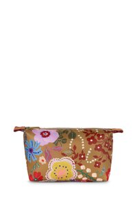 Bruine stoffen tas met kleurrijke bloemenpatronen, een gouden rits en een klein diamantvormig 'Oilily'-logo in het midden aan de voorkant.