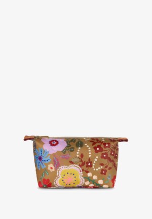 Bruine stoffen tas met kleurrijke bloemenpatronen, een gouden rits en een klein diamantvormig 'Oilily'-logo in het midden aan de voorkant.