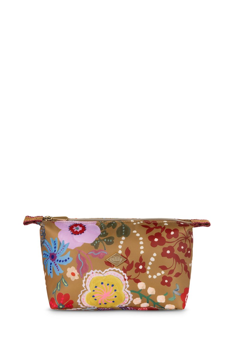 Bruine stoffen tas met kleurrijke bloemenpatronen, een gouden rits en een klein diamantvormig 'Oilily'-logo in het midden aan de voorkant.