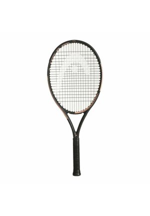 Tennis racquet with an oval head, black frame, and white string pattern. The handle features a textured grip. Accents of copper detailing visible.