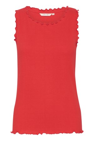 Rode geribbelde tanktop met een golvende halslijn en zoom. Gemaakt van rekbare stof, heeft het een mouwloos ontwerp en een getailleerde pasvorm.