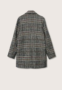 Cappotto a quadri grigio scuro, con colletto classico, maniche lunghe e linee bianche, rosse e gialle a contrasto su tutta la stoffa.