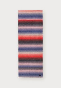Bufanda multicolor con rayas horizontales en tonos de azul, rojo, gris y negro; textura suave; pequeño logo en la parte inferior.