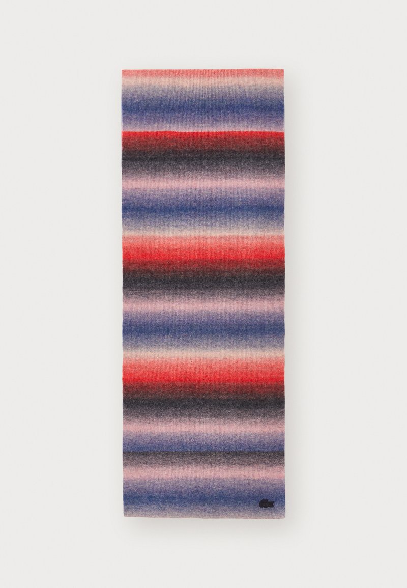 Sciarpa multicolore con strisce orizzontali in tonalità di blu, rosso, grigio e nero; texture morbida; piccolo logo in basso.