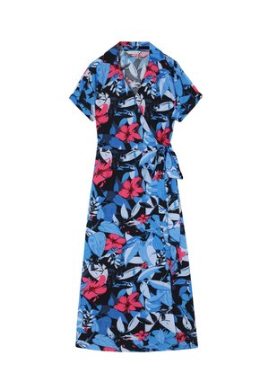 Cvetna obleka s spremljevalnim krojem, ki ima temno modro ozadje z modrimi in roza cvetovi. Kratki rokavi, ovratnik in pas s trakom za prilagodljivo prileganje.