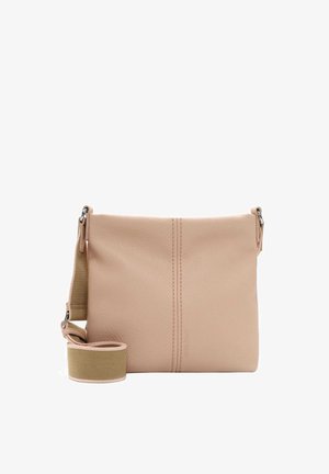 Peach leather shoulder bag with a smooth texture, zip closure, single adjustable strap, and subtle seam detailing. Well-structured square shape.