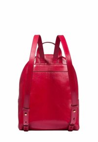 Zaino in pelle rossa con texture liscia, spallacci regolabili e dettagli di cucitura sottili. Include accessori in hardware dorato.