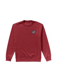 Sweat-shirt rouge avec un col rond, des poignets et un ourlet côtelés. Présente une petite étiquette noire avec un logo sur la poitrine. Texture lisse.