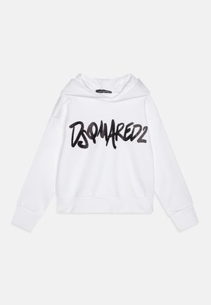 Bílá zkrácená mikina s kapucí a černým třpytivým logem "DSQUARED2" na přední straně. Má žebrované manžety a lem. Hladká bavlněná textura.