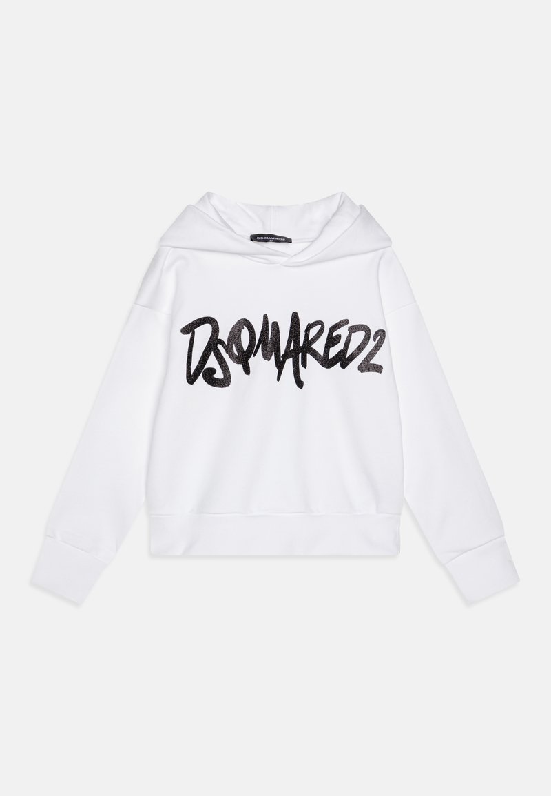 White cropped sweatshirt with a hood and black glittery "DSQUARED2" logo on the front. Features ribbed cuffs and hem. Smooth cotton texture.