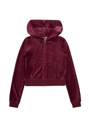 Felpa corta bordeaux in morbido velluto, con zip, due tasche frontali e cappuccio con polsini e orlo a coste.