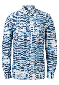 Camicia a maniche lunghe con bottoni, blu e bianca, con un motivo geometrico. Presenta un colletto classico e chiusura con bottoni frontale.