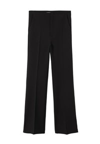 Zwarte, wijde pijpen broek gemaakt van een gladde stof. Kenmerkt zich door twee voorzakken en een plooi in het midden van elk been voor een nette uitstraling.