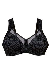 Zwarte bh met een getextureerd luipaardpatroon, voorzien van een sheer mesh paneel, brede banden en een haaksluiting. Ontworpen voor ondersteuning en comfort.