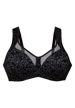 Schwarzer BH mit strukturiertem Leopardenmuster, ausgestattet mit einem transparenten Netzpaneel, breiten Trägern und einem Hakenverschluss. Entworfen für Halt und Komfort.