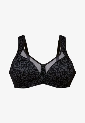 Schwarzer BH mit strukturiertem Leopardenmuster, ausgestattet mit einem transparenten Netzpaneel, breiten Trägern und einem Hakenverschluss. Entworfen für Halt und Komfort.