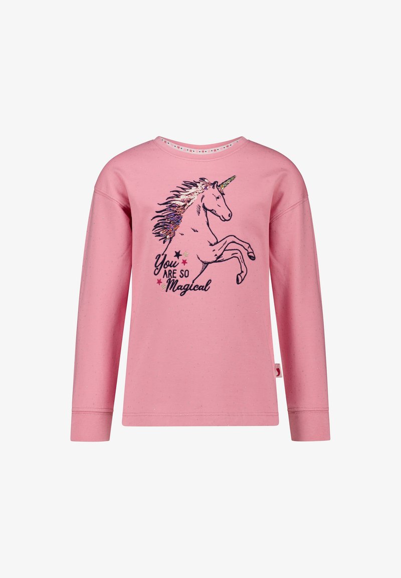 Roze sweatshirt met lange mouwen van zacht materiaal, met een pailletten eenhoorn ontwerp met een kleurrijke manen en de tekst "Je bent zo magisch" eronder.