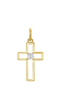 Guldfärgad korspendant med en ihålig design, prydd med en rund klar kristall i mitten. Slät yta, subtil glans och liten ögla för fästning.