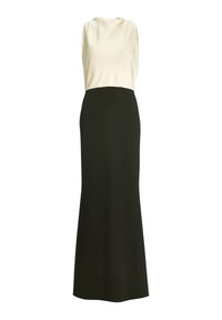 Robe de soirée sans manches avec un corsage blanc drapé et une longue jupe noire ajustée jusqu'au sol.