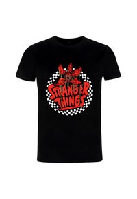Czarny bawełniany t-shirt z czerwonym, graficznym wzorem na środku, zawierającym napis "Stranger Things" oraz obramowaniem w kratkę.