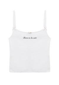 Top blanco sin mangas con tirantes finos, con un borde de encaje y un acento decorativo central. El texto "Nacido para ser adorable" está impreso en negro.
