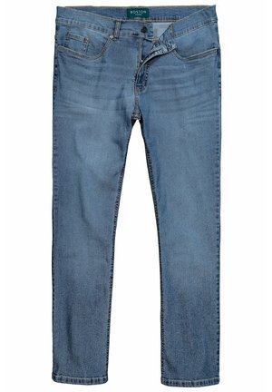 Jeans in denim azzurro chiaro con gamba dritta, dotati di zip, tasche frontali e leggere sfumature per una texture distintiva.