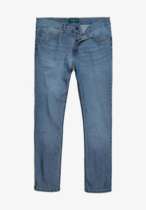 Helle blaue Jeans aus Denim mit geradem Schnitt, ausgestattet mit einem Reißverschluss, Fronttaschen und subtilen Ausbleichungen für eine interessante Textur.