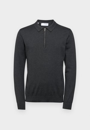 Donkergrijze pullover met een ritssluitingen kraag, gemaakt van zacht materiaal. Voorzien van lange mouwen en geribbelde zoom en manchetten voor een getailleerde uitstraling.